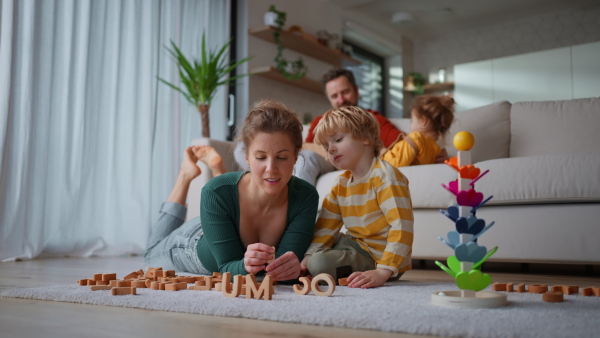 A mother playing with her little son with wodden montessori toys at home.