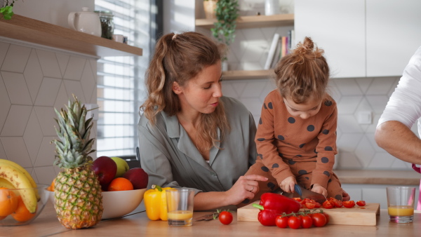 A happy mother with little daughter preparing breakfast together at home.