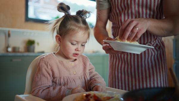 A father serving meal to his little daughter at home.