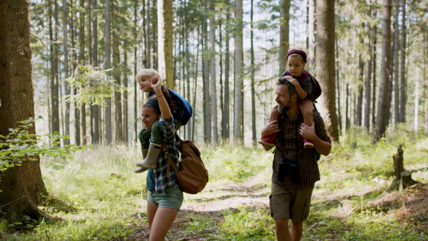 A family with small children walking outdoors in summer nature.