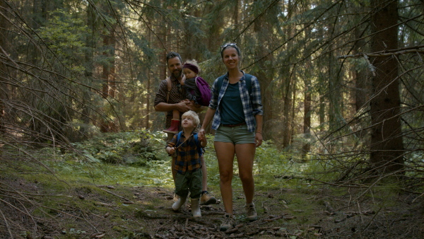 A family with small children walking in summer forest.