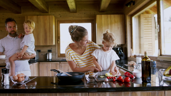 A family with small children cooking indoors, holiday in private apartment.