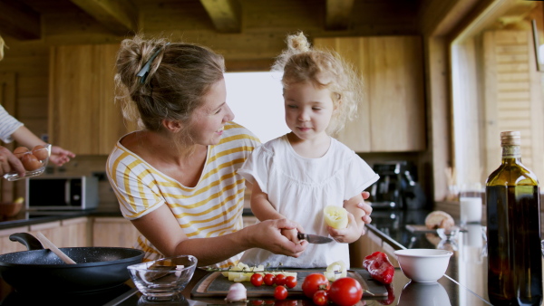 A family with small children cooking indoors, holiday in private apartment.