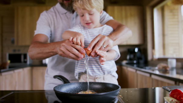 A father with small son cooking together in kitchen, holiday in private apartment.