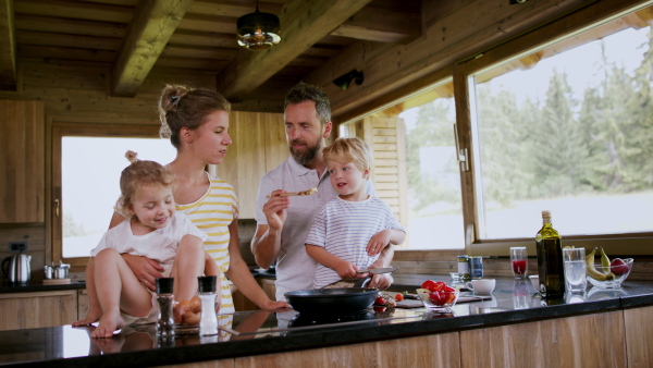 A family with small children cooking indoors, holiday in private apartment.