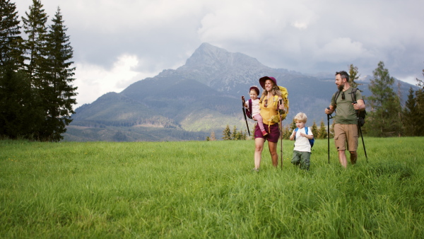 A family with small children hiking outdoors in summer nature.