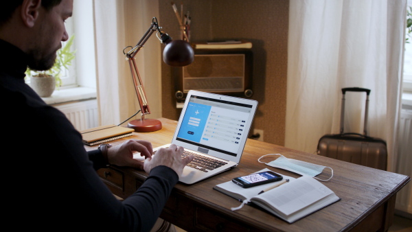 A rear view of man booking a flight on laptop.