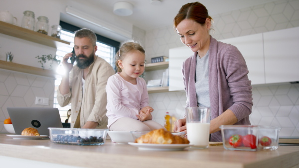 A happy family at home, mother preparing a breakfast, father working. Home office concept.