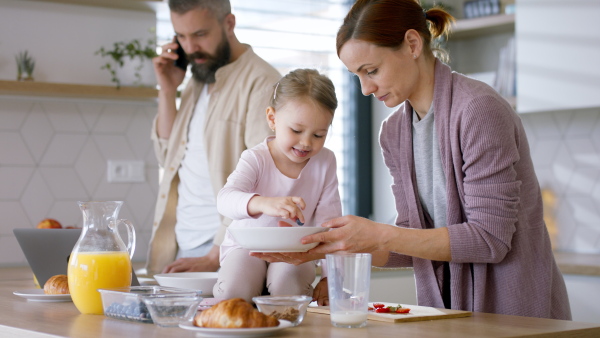 A happy family at home, mother preparing a breakfast, father working. Home office concept.