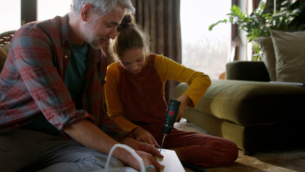 A father and teen daughter assembling new furniture in the renovated apartment