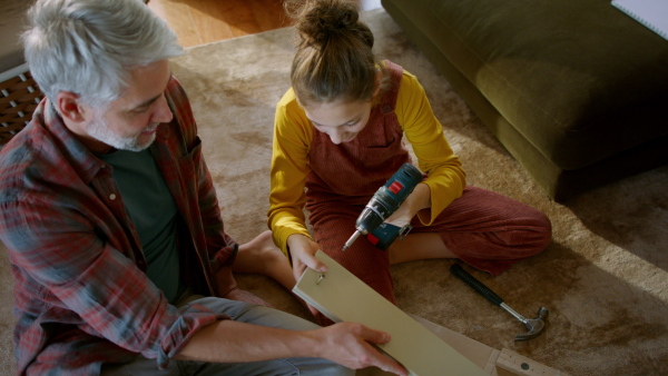 A father and teen daughter assembling new furniture in the renovated apartment