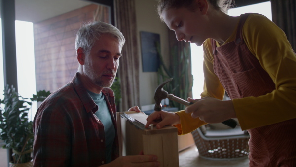 A father and teen daughter assembling new furniture in the renovated apartment