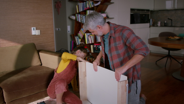 A father and teen daughter assembling new furniture in the renovated apartment