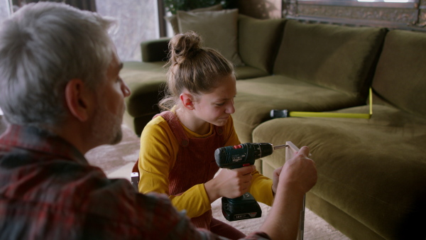 A father and teen daughter assembling new furniture in the renovated apartment