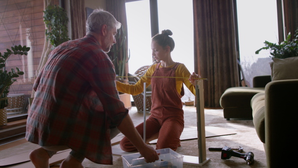 A father and teen daughter assembling new furniture in the renovated apartment