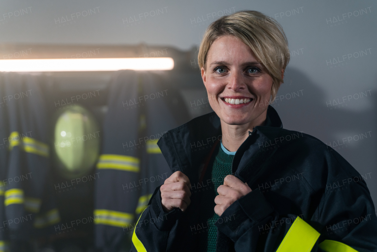 A mid adult female firefighter looking at camera indoors in fire station at night.