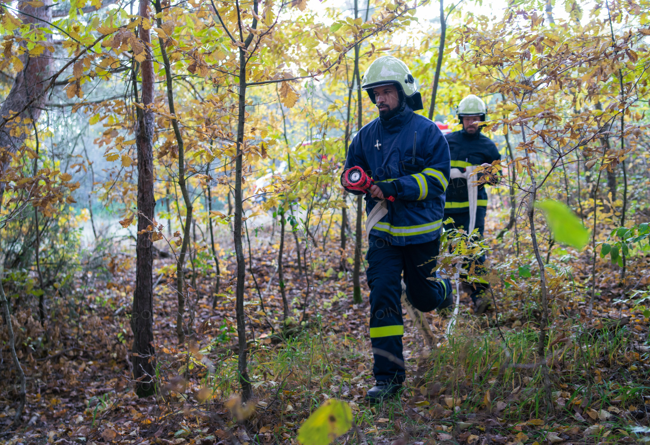 Firefighters men at action, running through the smoke with shovels to stop fire in forest.