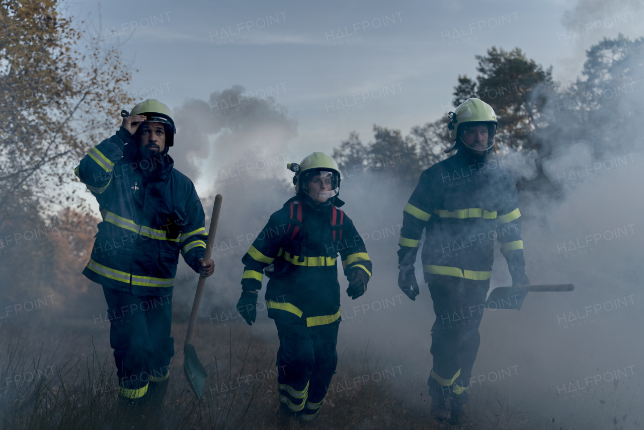 Firefighters men at action, running through the smoke with shovels to stop fire in forest.