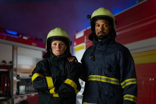 Happy firefighters man and woman after action looking at a camera with fire truck in background