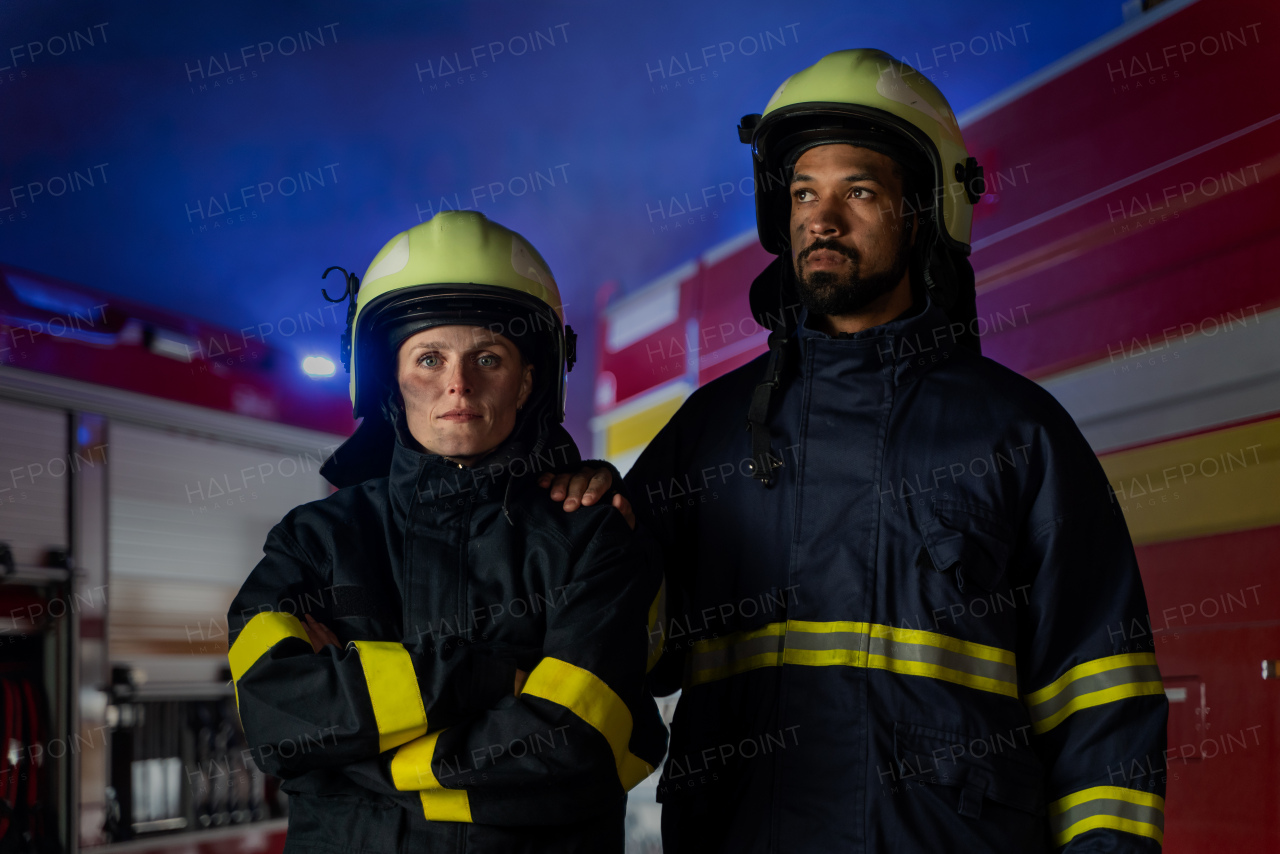 Happy firefighters man and woman after action looking at a camera with fire truck in background