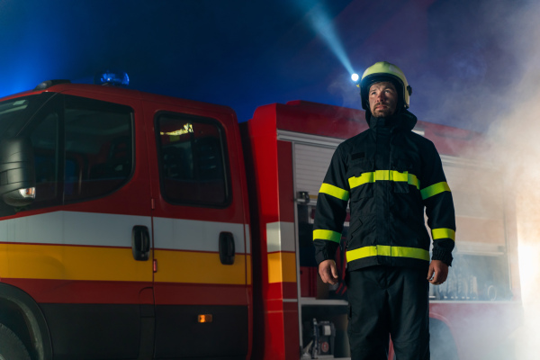 A low angle view of m firefighter talking to walkie talkie with fire truck in background at night.