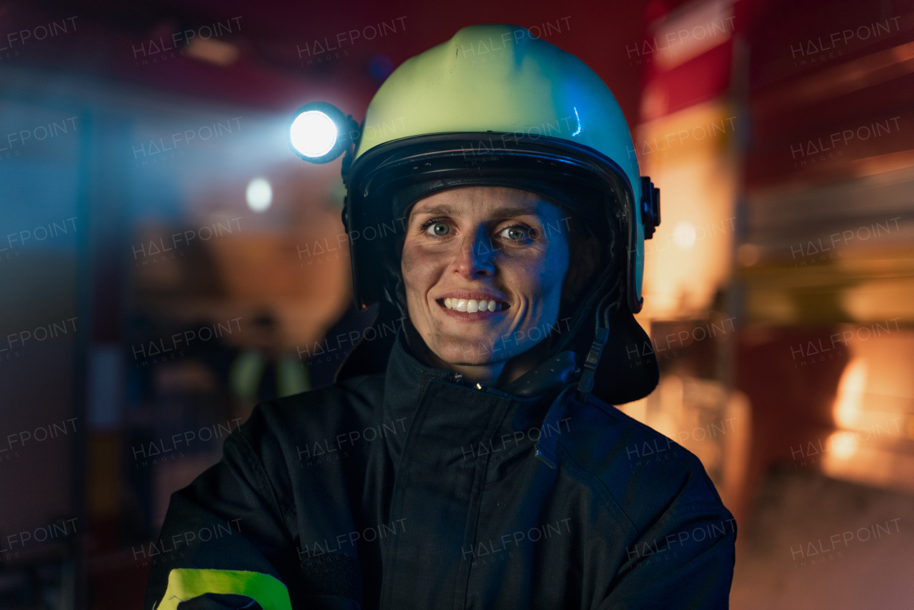 A mid adult dirty female firefighter looking at camera with fire truck at background at night.