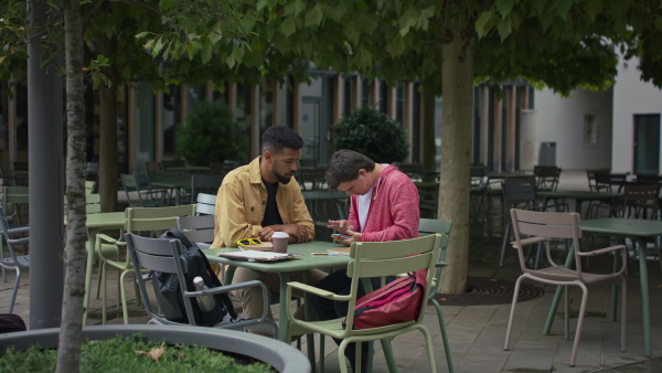 A young man with Down syndrome with his mentoring friend using smartphone and sitting outdoors in cafe.