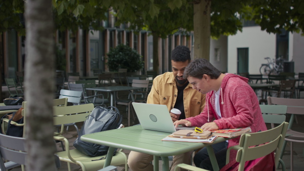 A young man with Down syndrome with his mentoring friend sitting outdoors in cafe and studying.