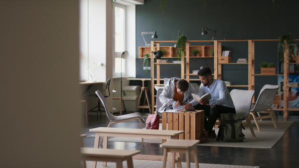 A man with Down syndrome and his tutor studying indoors at school.