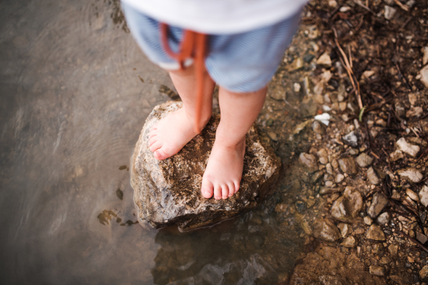 A midsection of small toddler boy standing on a rock outdoors by a river in summer. Top view.