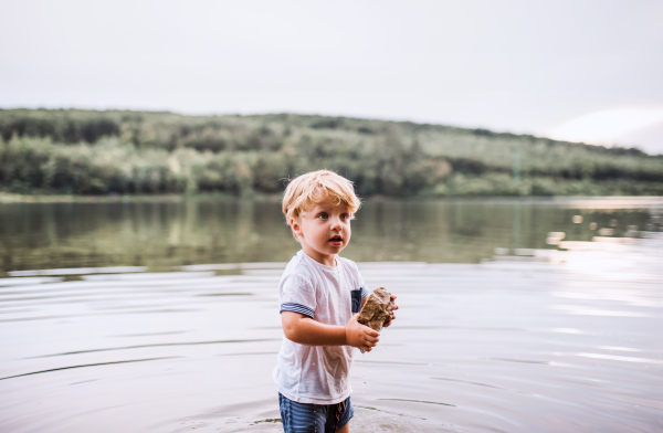 A wet, small toddler boy standing barefoot outdoors in a river in summer, playing with rocks.