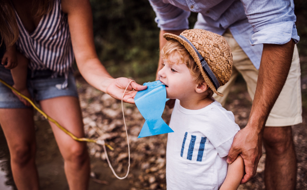 A young family with a toddler boy spending time outdoors by the river in summer, a midsection.