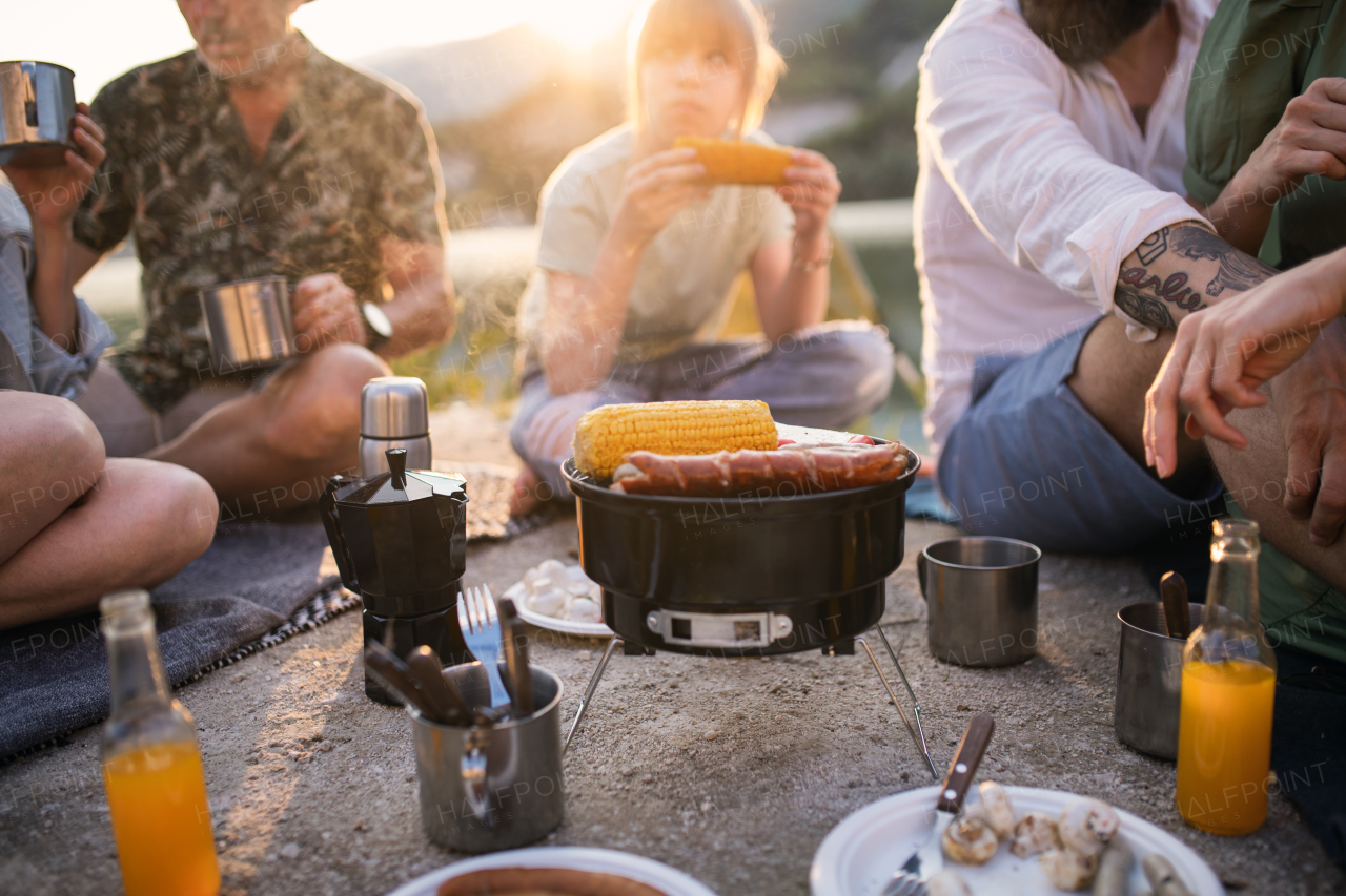 A midsection of happy multigeneration family on summer holiday trip, barbecue by lake.