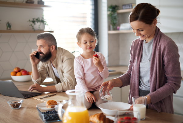 A family with small daughter indoors in kitchen, everyday life and home office with child concept.