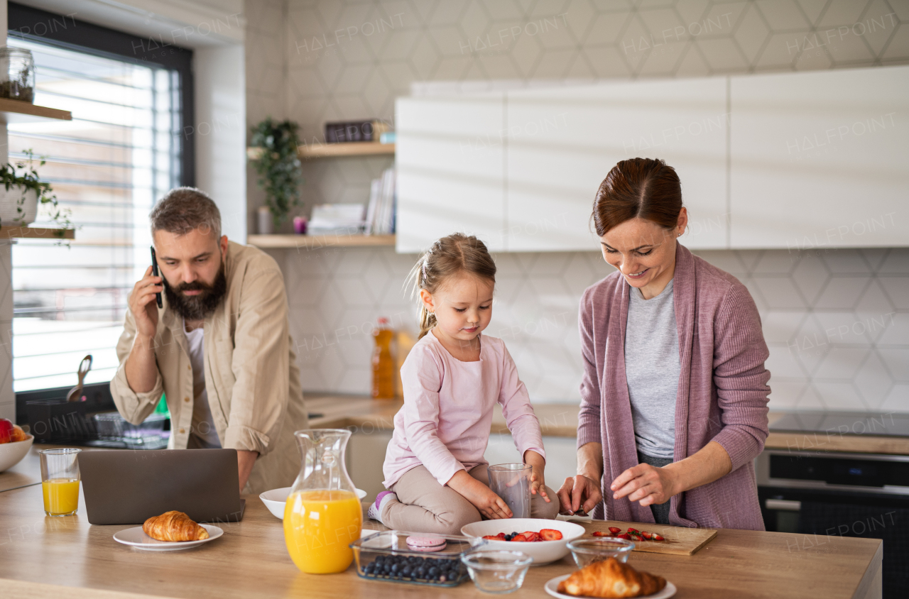 A family with small daughter indoors in kitchen, everyday life and home office with child concept.