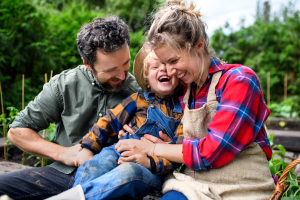 Happy family with small child having fun when gardening on farm, growing organic vegetables.