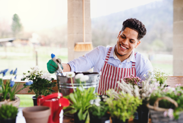 A portrait of young cheerful man gardener indoors at home, planting flowers.