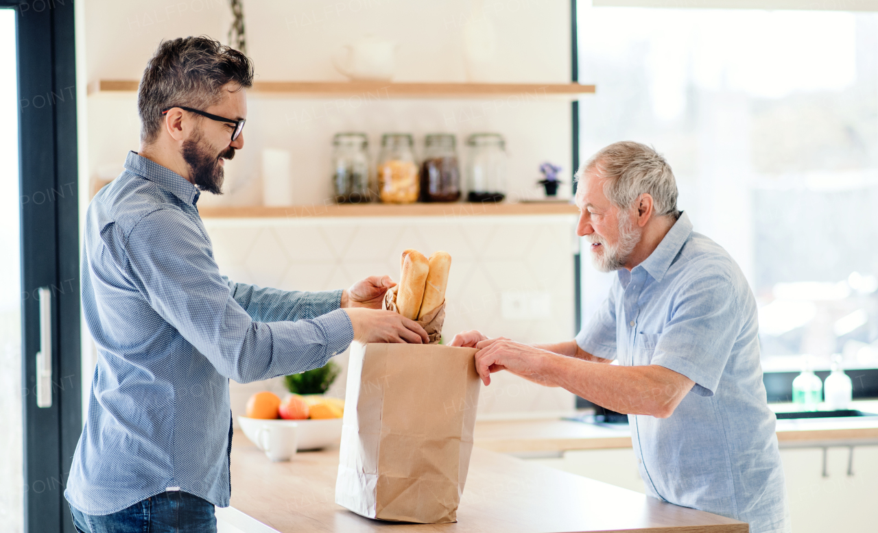 A cheerful adult hipster son and senior father indoors in kitchen at home, unpacking shopping.