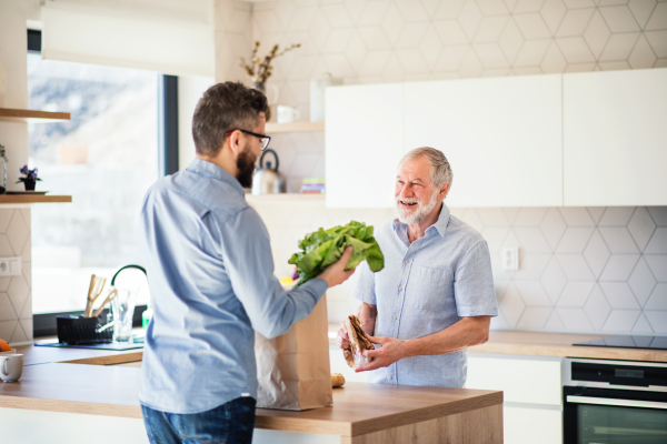 A cheerful adult hipster son and senior father indoors in kitchen at home, unpacking shopping.