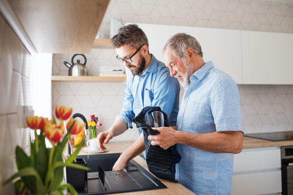 An adult hipster son and senior father indoors in kitchen at home, washing dishes.