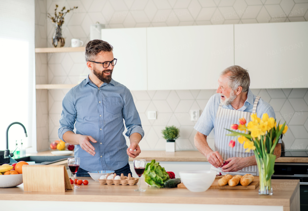 An adult hipster son and senior father indoors in kitchen at home, cooking.