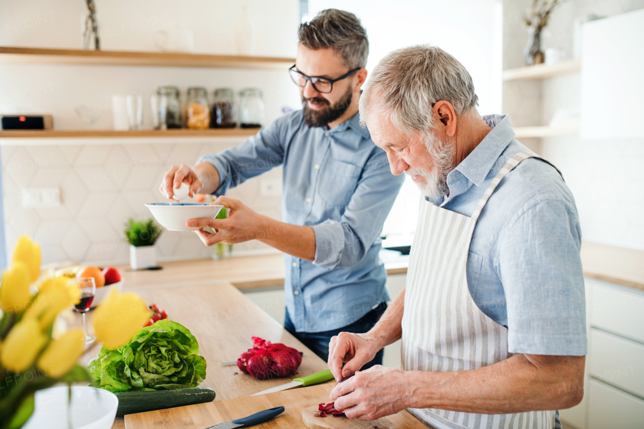 An adult hipster son and senior father indoors in kitchen at home, cooking.