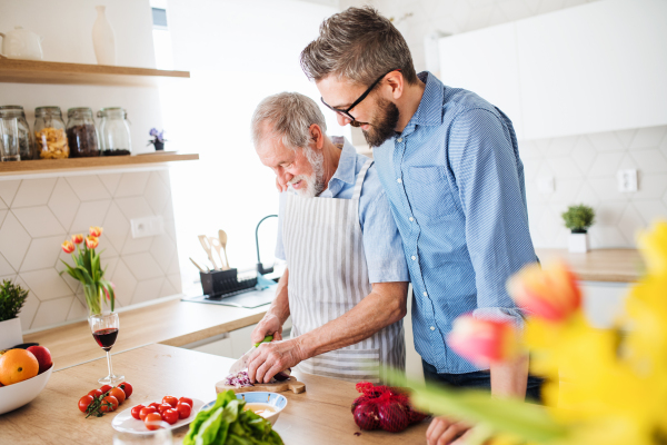 An adult hipster son and senior father indoors in kitchen at home, cooking.