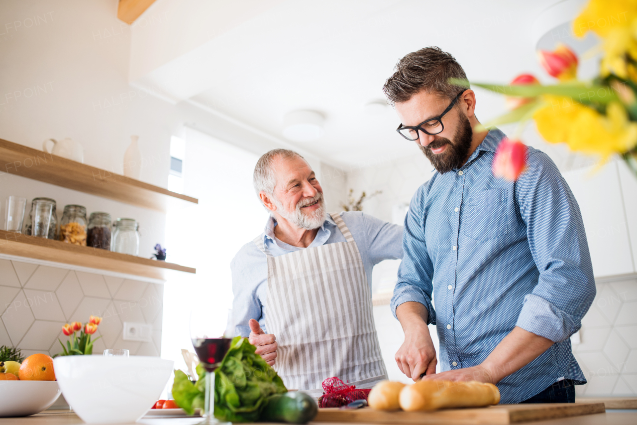 An adult hipster son and senior father indoors in kitchen at home, cooking.