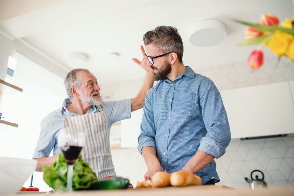 An adult hipster son and senior father indoors in kitchen at home, preparing food.