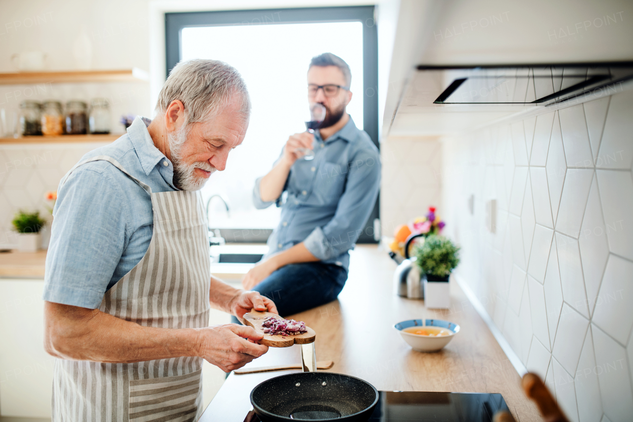 An adult hipster son and senior father indoors in kitchen at home, drinking wine when cooking.