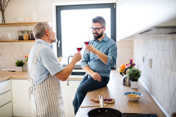 An adult hipster son and senior father indoors in kitchen at home, drinking wine when cooking.