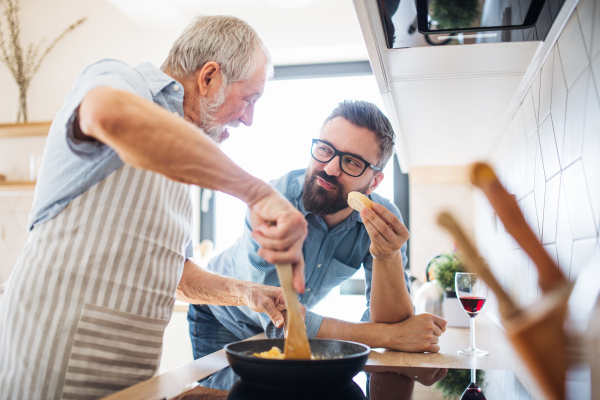 An adult hipster son and senior father indoors in kitchen at home, cooking.