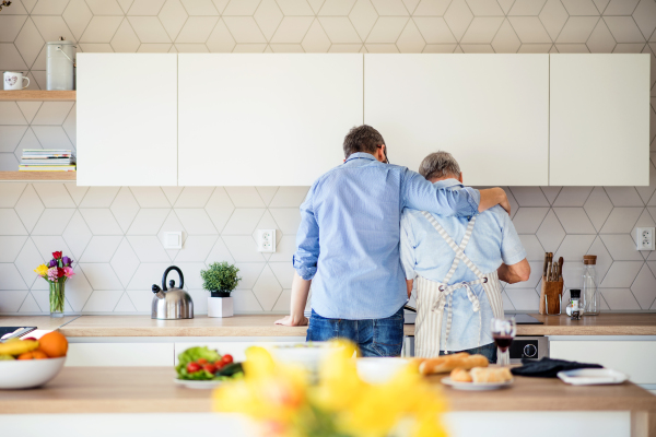 A rear view of adult son and senior father indoors in kitchen at home, cooking.