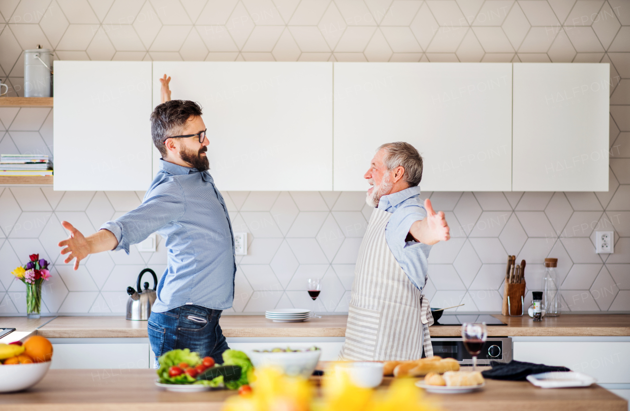 A portrait of adult hipster son and senior father indoors in kitchen at home, having fun.